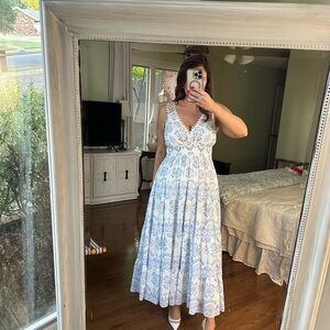Elegant White and Blue Floral Maxi Dress